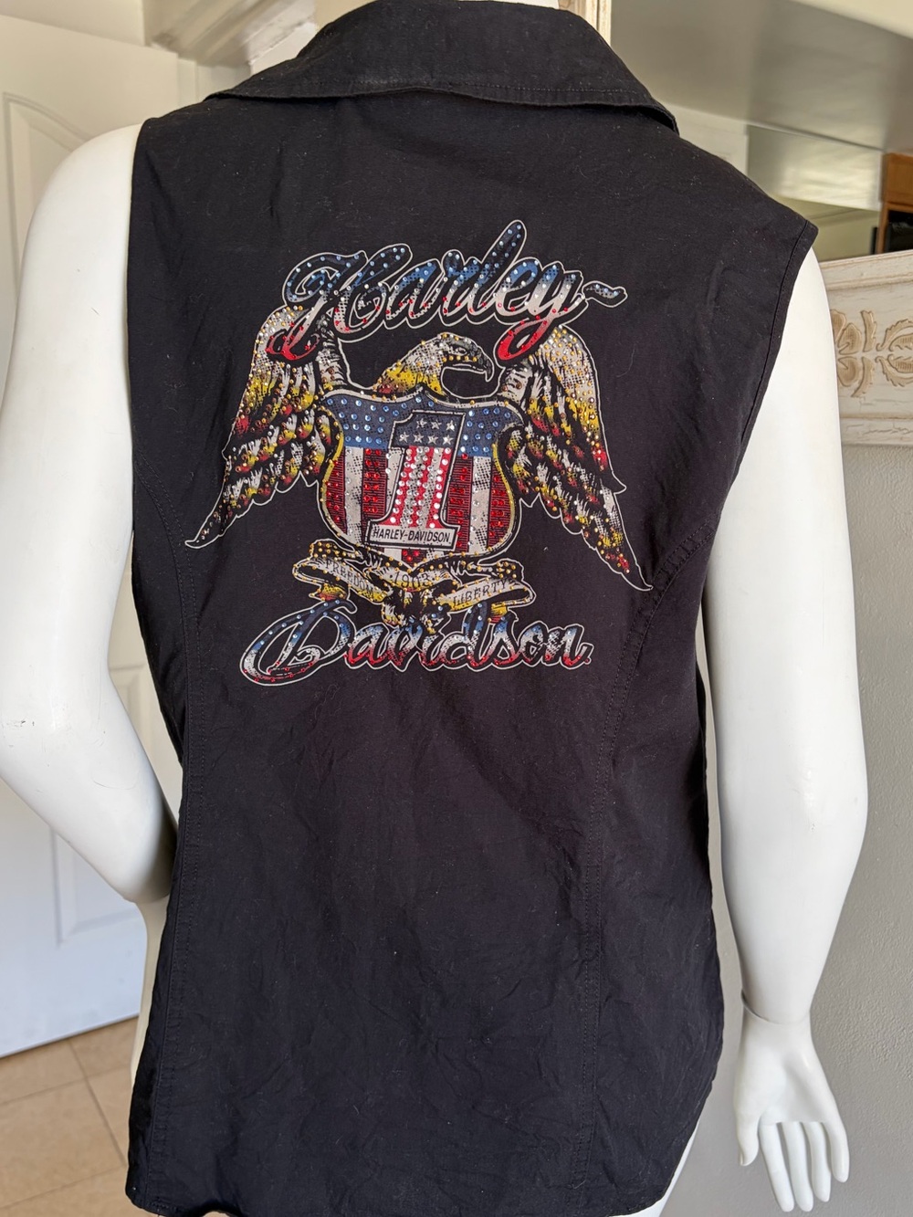Harley-Davidson Motorcycle Bedazzled Eagle And Patriotic 1 Shield VestSize XL